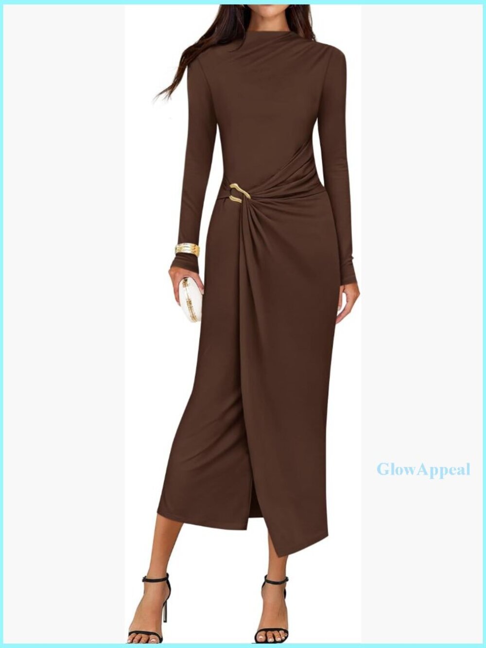Long Sleeve Bodycon Midi Dress Mock Neck Cocktail Party Wedding Guest